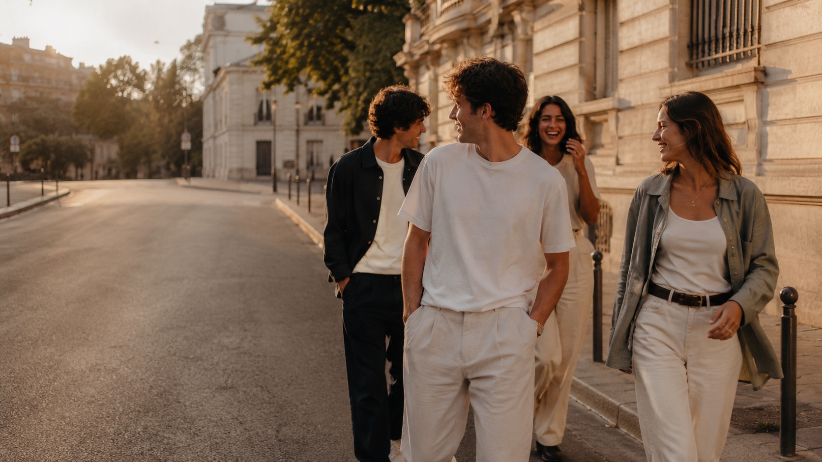 Groupe d'amis Full Max marchant dans une rue au coucher du soleil