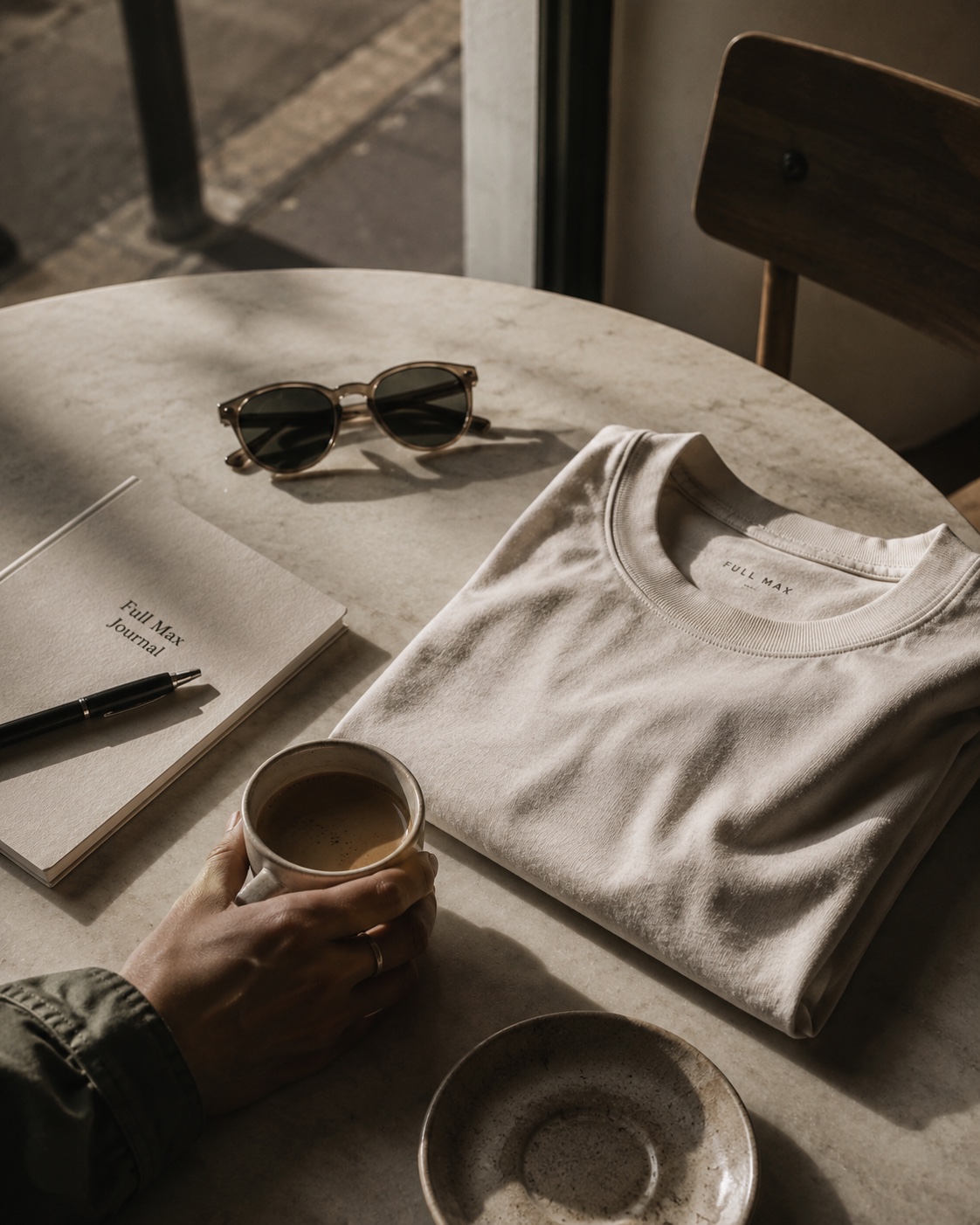 T-shirt Full Max, carnet et café sur une table